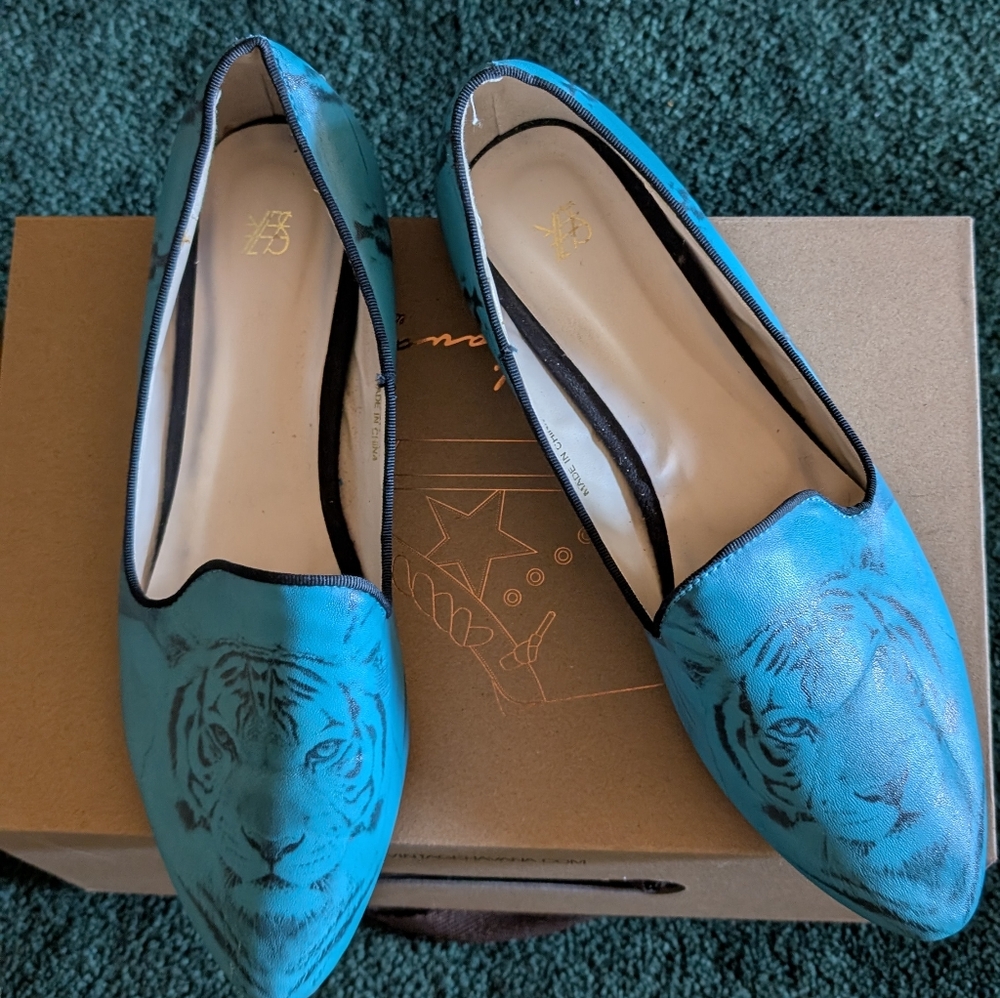 Women's Turquoise Bengal Tiger Flats , Loafers Vegan Leather Unique And Fun